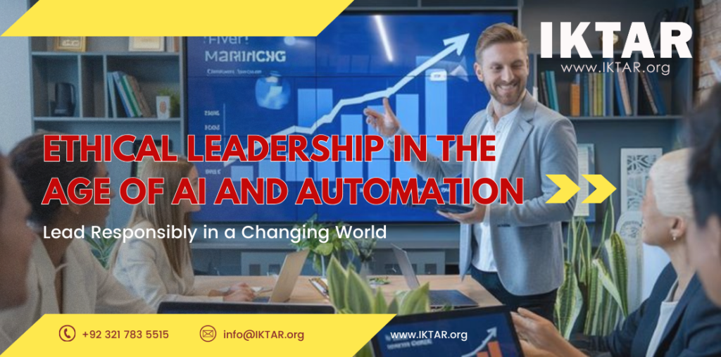 Leader addressing a team about responsible AI and automation practices, representing ethical leadership in the digital age