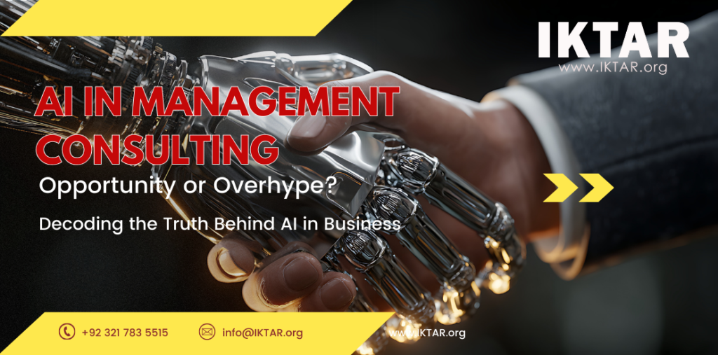 Management consultants analyzing AI-driven business insights, representing the debate between opportunity and overhype in AI adoption.